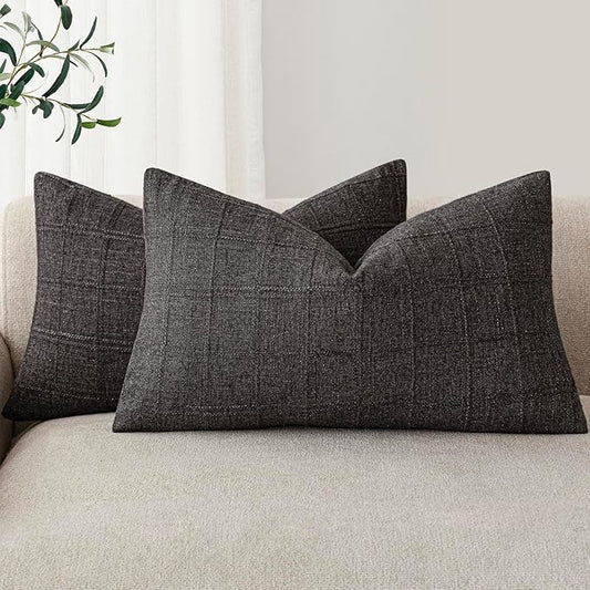 Foindtower Set of 2 Decorative Linen Check Throw Pillow Covers Neutral Farmhouse Lumbar Cushion Covers Modern Boho Home Decor for Sofa Chair Couch Bedroom Living Room Outdoor,12×20 Inch,Charcoal