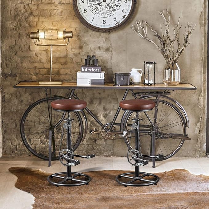 Topower Vintage DIY Bar Stool Bicycle Chain Iron Pedal Retro Industrial Height Adjustable Bicycle Wheel Design bar Chair Set of 2 Silver