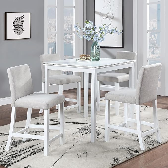 KEIKI 5-Piece Counter Height Dining Table Set with Square Table and 4 Upholstered Chair, for 4 Person, Modern Style Crystal Decoration Wooden Table Set, Easy Assembly, for Kitchen, Dining Room,White