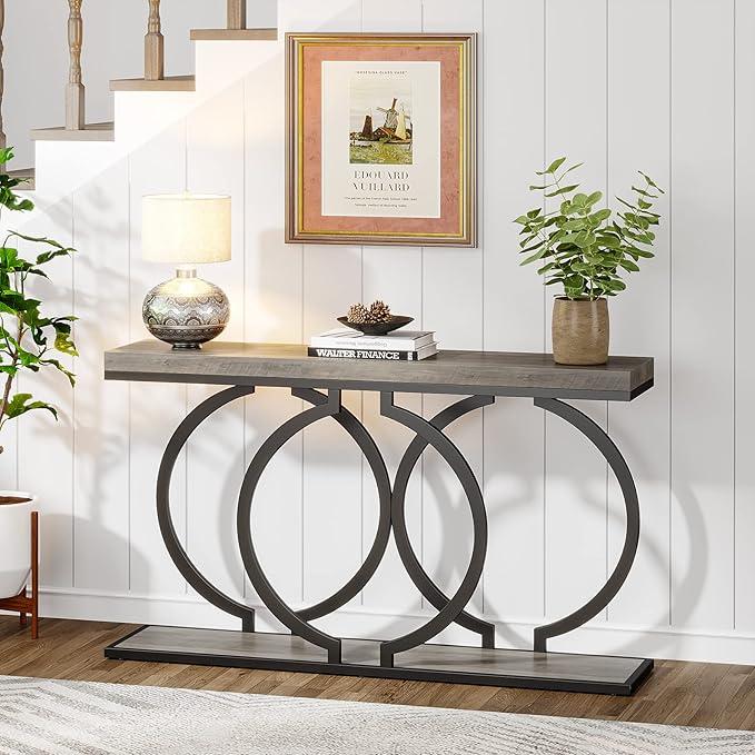 LITTLE TREE 55 inch Faux Marble Gold Console Table Modern Entryway Table Narrow Long Sofa Table Accent Table for Living Room, Grey + Black
