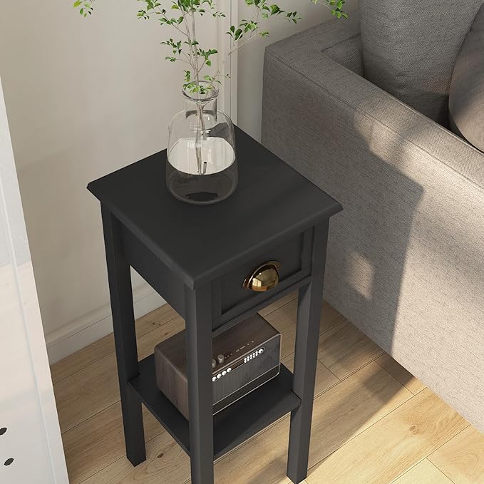 HOMCOM 2-Tier Side Table with Drawer, Narrow End Table with Bottom Shelf, for Living Room, Set of 2, Black