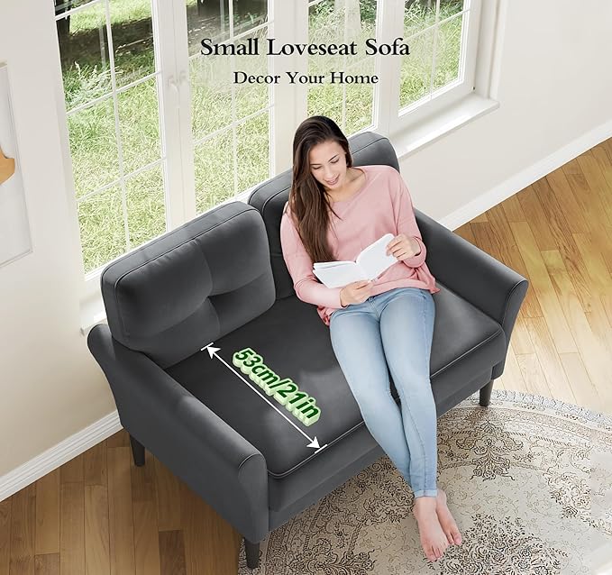 Small Sofa Couch, 48" Loveseat Sofa, Soft Velvet Love Seat Couches, Small Couch for Bedroom with 21" Deep Seat, Comfy Couches for Living Room, Tool-Free Setup Sofas for Living Room, Grey