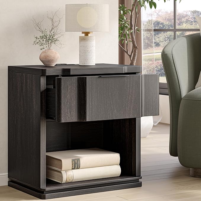 Nightstand with Charging Station, Wooden Curved Night Stand Bedside Tables with Storage Shelf & Drawer, Large Mid Century Modern Accent End Table for Bedroom Living Room Office