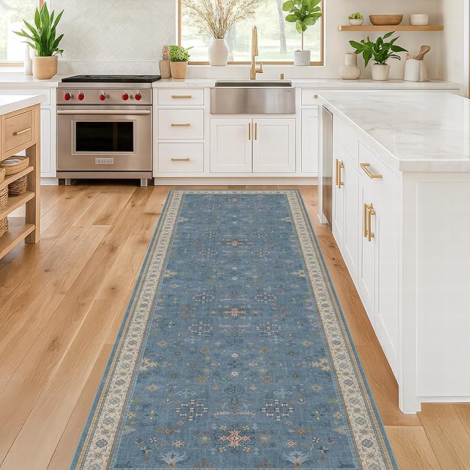 Non Slip 10ft Long Hallway Runner Rug Blue - 2 x 10 Runner Rug, Washable & Waterproof 2x10 Kitchen Floor Mat - Modern Eclectic Boho Design Décor