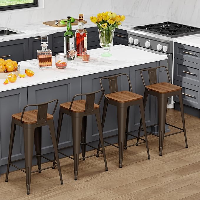 WENTMENT Industrial Rusty Bar Stools Set of 4, 24" Counter Height, Wooden Seat, Removable Back, Stackable