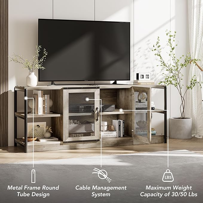 GarveeHome Farmhouse TV Stand for 65/75 Inch TVs, Entertainment Center with Storage Cabinet, 63'' Rustic TV Media Console Table, Furniture for Living Room, Grey