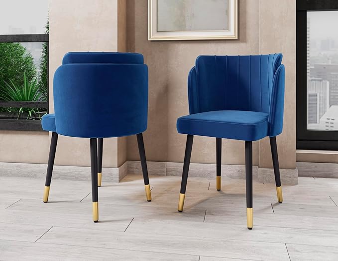 Manhattan Comfort Zephyr Modern Velvet Dining Chair, Solid Wood Frame with Gold-Tipped Splayed Legs, High Density Foam Padding, Vintage Design, Tulip Inspired Accent Furniture, Royal Blue