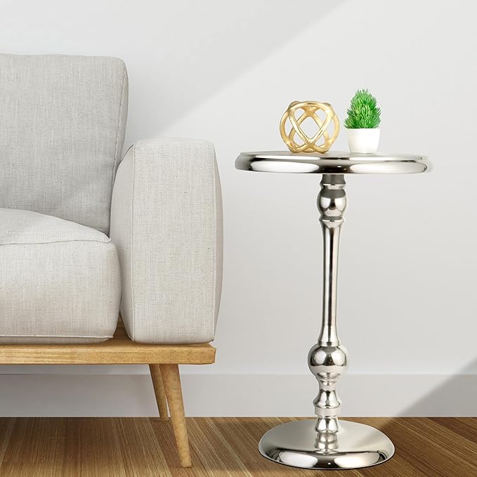 CLEENTABLE Pedestal Round Side Table- Lightweight Metal Table for Farmhouse,Indoor/Outdoor Nightstand for Living Room, Bedroom, Corners, Office - Modern Design, Easy Assembly 21" (Silver)