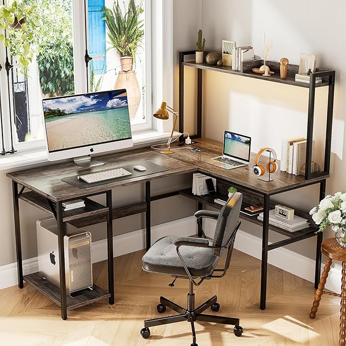 L Shaped Computer Desk with Hutch and Storage Shelves, Gaming Desk with LED Lights, Reversible L-Shaped Desk with Power Outlets, Home Office Desk, Corner Desk, Black Oak