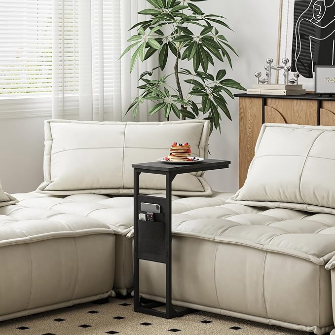 TUTOTAK C Shaped End Table, Side Table for Couch, Sofa Table with Storage Bag, TV Tray for Living Room, Bedroom, Black TB01BK082