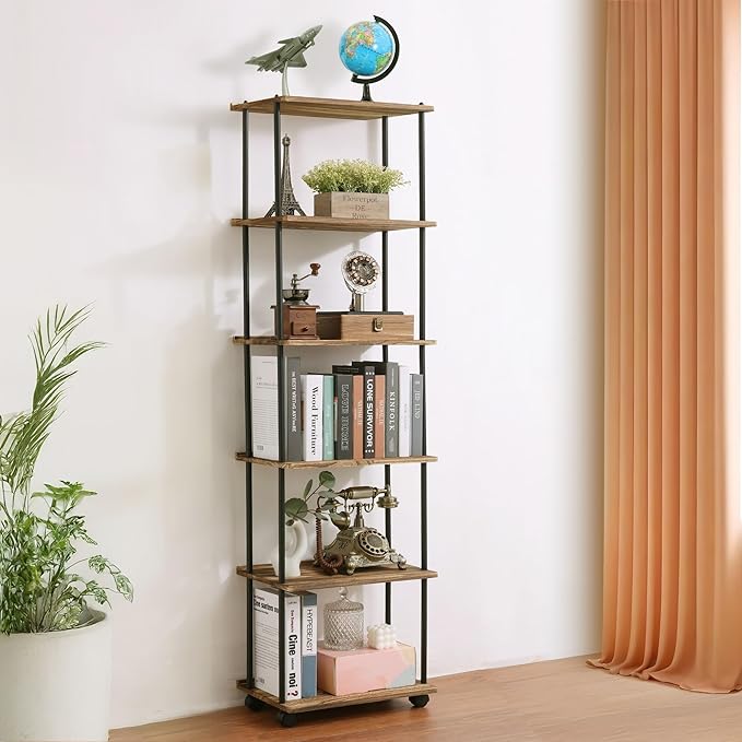 GETALL Tall Bookshelf with Wheels, 6 Tier Solid Wood Bookcase for Small Spaces, Corner Bookshelf Storage Organizer for CDs, Movies, Narrow Movable Shelfing Unit for Bedroom, Living Room