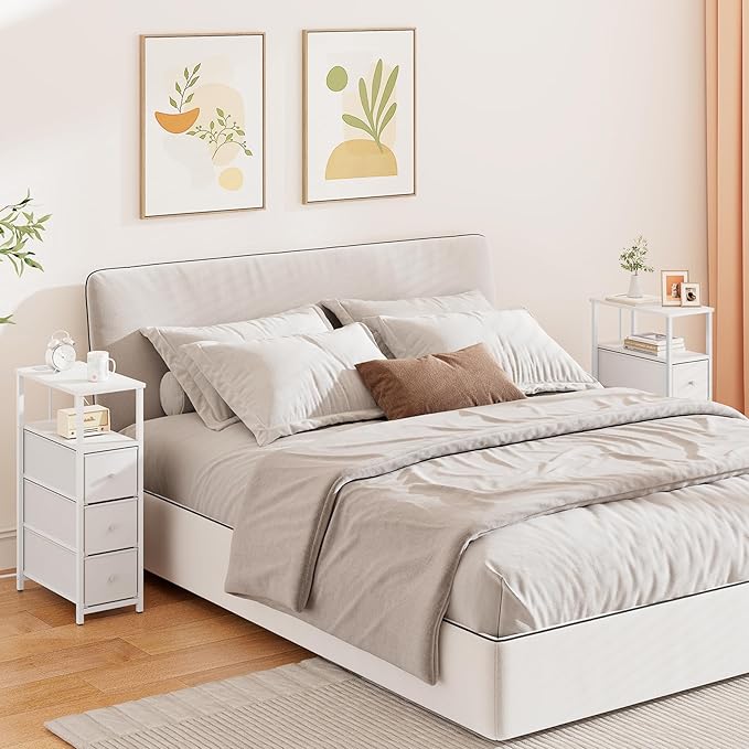 TUTOTAK Narrow Night Stand with Charging Station, Slim End Table with Plugins, Tall Side Table with 3 Fabric Drawer, Small Bedside Table with Storage, Set of 2, Living Room, Bedroom, White TB01BW073