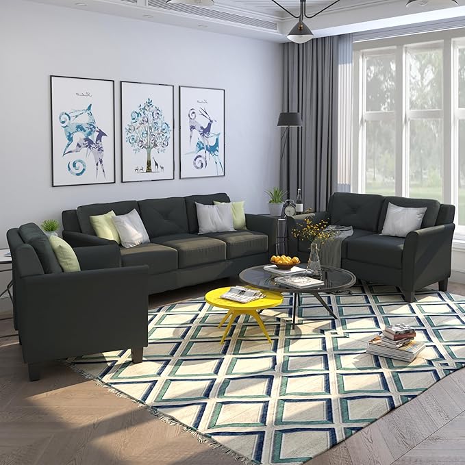 3 Pieses Modern Living Room Sofa Sets Polyester Blend Button Tufted Sofa&Couch Include 3Seaters Couch, Loveseat and Armchair with Ergonomically Curved Armrests for Home Apartment Office