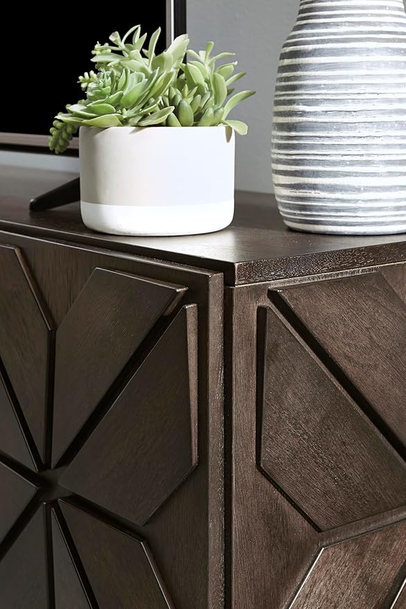 Signature Design by Ashley Chasinfield Urban Geometric Design TV Stand Fits TVs up to 70", 4 Cabinet Doors and 3 Adjustable Storage Shelves, Dark Brown