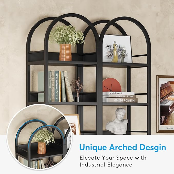 LITTLE TREE 6-Tier Open Bookshelf Set 2, Freestanding 78.7" Tall Arched Bookcase, Black Wooden Bookshelf with Metal Frame, Narrow Bookcase Display Shelves for Living Room, Bedroom, Office