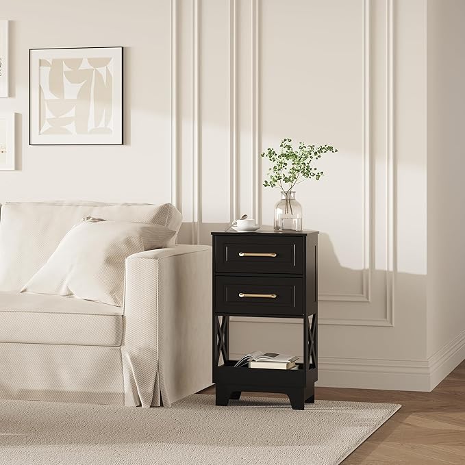 Tall Nightstand Set of 2 Side Table with 2 Drawers Modern Night Stand Wooden End Table Bedside Table with Below Open Shelf Solid Feet for Bedroom, Living Room, Black