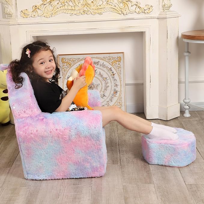 Kids Sofa with Ottoman, Shell-Like Sofa for Boys and Girls, Pink Tie Dye