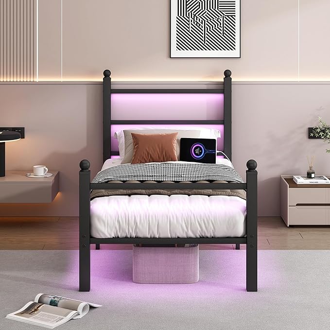 Twin Bed Frame with Headboard and Footboard,Steel Slats Support-LED Bed Frame with USB Charging Station,Mattress Foundation-Under Bed Storage,No Box Spring Needed,Noise Free,Black