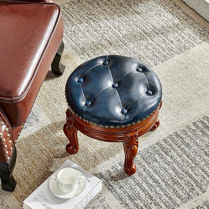 Solid Wood Foot Stool Round Ottoman Mid-Century Footrest Sofa Stool with Microfiber Leather Cushion for Living Room, Bedroom, Entryway (Dark Blue)