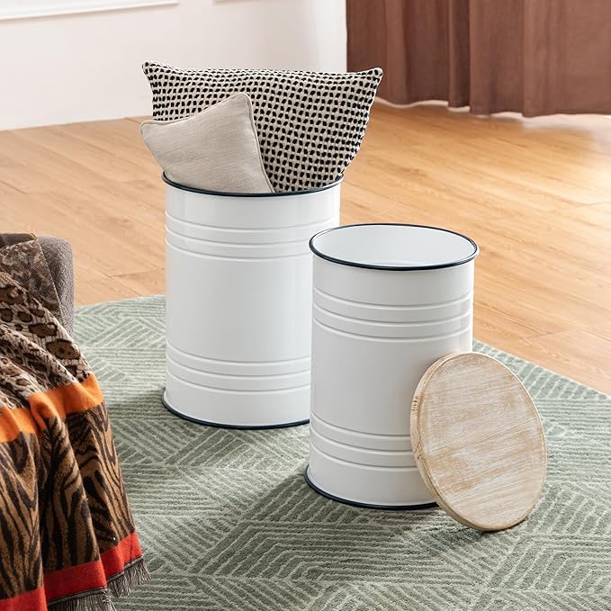 Glitzhome Farmhouse Accent Side Table, Metal Storage Stool Ottoman with Round Lid - Galvanized Coffee Cocktail End Tables Set of 2 for Living Room Bedroom, White