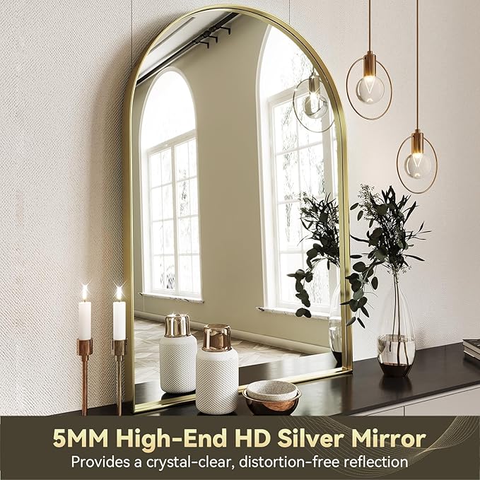 Brightify Arched Mirror, 30 x 40 Inch Gold Arch Mirror, Metal Frame Wall Mirror, Top Bathroom Vanity Mirror for Living Room Bedroom Mantle
