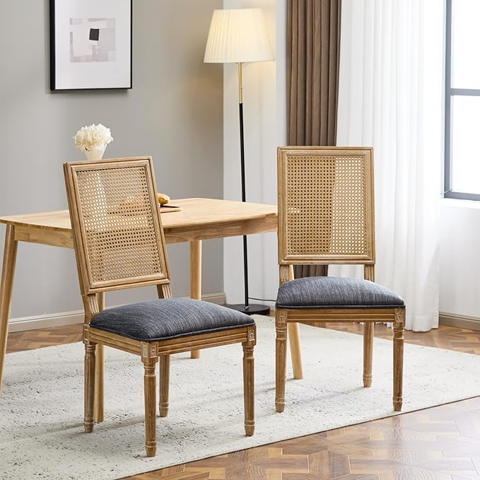 Merax Upholstered Solid Wood Dining Chairs Set of 2, French Country Style Accent Side Seating Furniture for Kitchen, Living Room, Wicker Back, Blue Gray