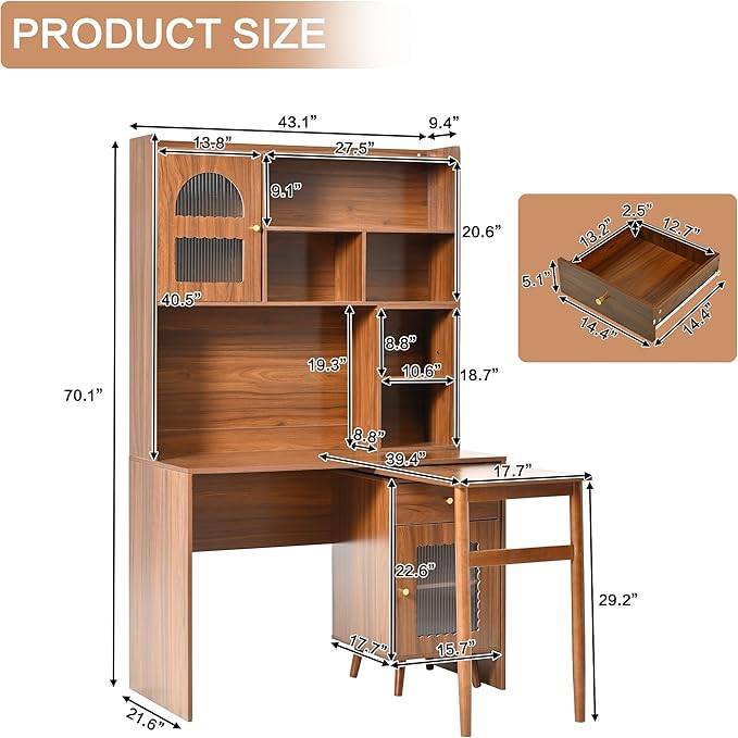 Merax Computer Desk with 90 Degree Rotating Desktop, L Shaped Office Desk with Storage Drawer and Cabinets, Writing Desk with Shelves for Study, Work Desk for Office Bedroom Living Room, Walnut