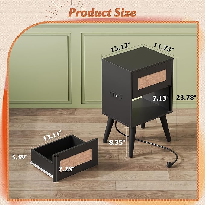 WLIVE Black Rattan Night Stand with Charger Station, Small Side Table Drawer Storage and Shelf, Mid Century Nightstands with Rattan Decor, Small Side Table for Bedroom, Black