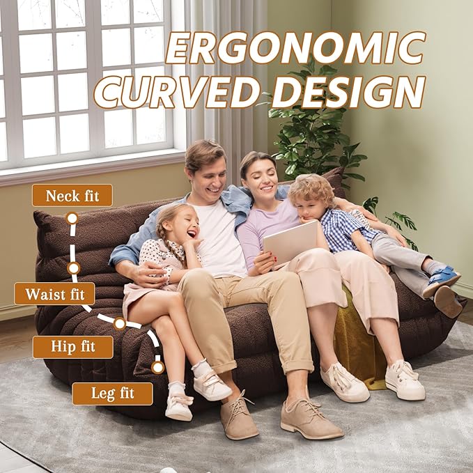 Bean Bag Chairs for Adults, BeanBag Reading Chair Memory Foam Couch 3-Seater, Floor Chair Soft Teddy Material, Comfy Reading Nook Chairs for Bedroom Living Room Office (Brown)