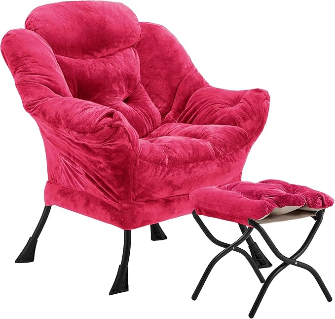 Lazy Chair with Folding Ottoman, Accent Chair Plush Upholstered with Metal Structure and Non-Slip Pads, Sofa Armchair with Footrest and Side Storage Bag for Dorm, Room, Office, Rose Red