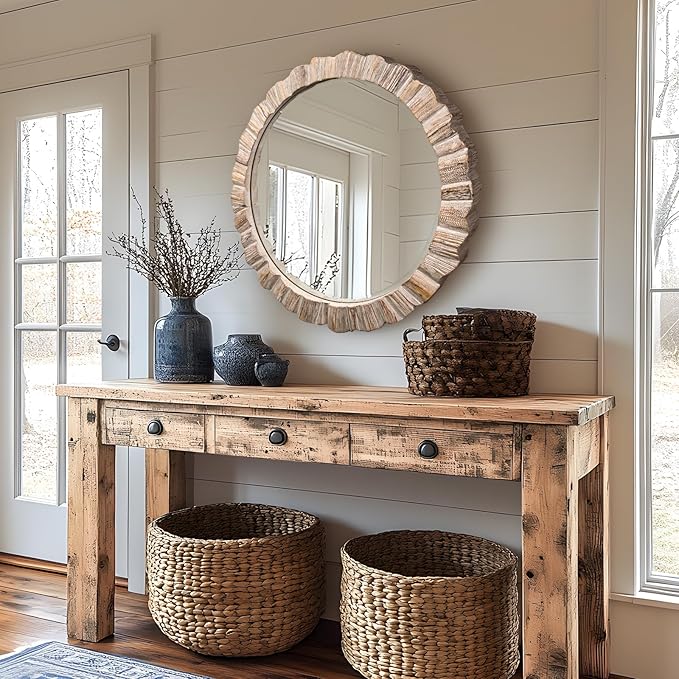 35" Wood Round Mirror, Rustic Wall Mirror with Thick Frame, Large Round Mirrors for Wall Decor, Wooden Circle Beveled Mirrors for Entryway, Farmhouse, Washed White