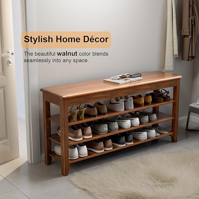 Shoe Storage Bench for Entryway - 4 Tier Shoe Rack for Front Door Entrance, Rubberwood Shoes Rack Height Adjustable, Entryway Bench with Shoes Storage for Any Room (Walnut, 47.2" W)
