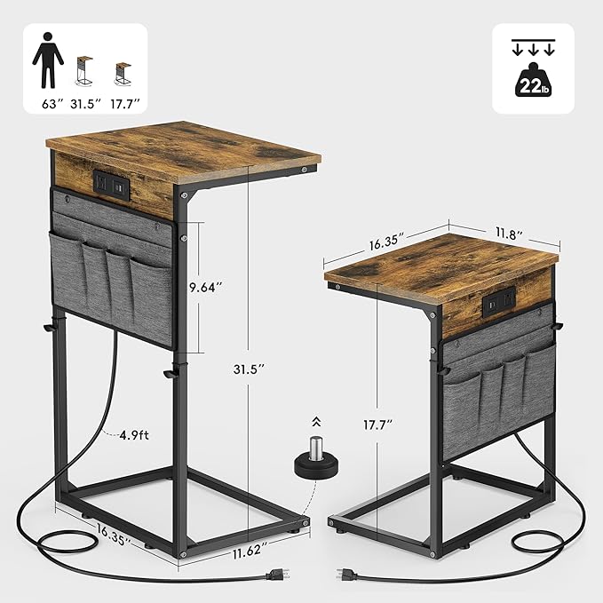 Vagusicc C-Shaped End Table Set of 2 with Charging Station, Small Side Table for Couch, Adjustable Height Couch Side Table, Slide Under Sofa Table TV Tray Tables for Living Room,Bedroom,Bedside, Brown
