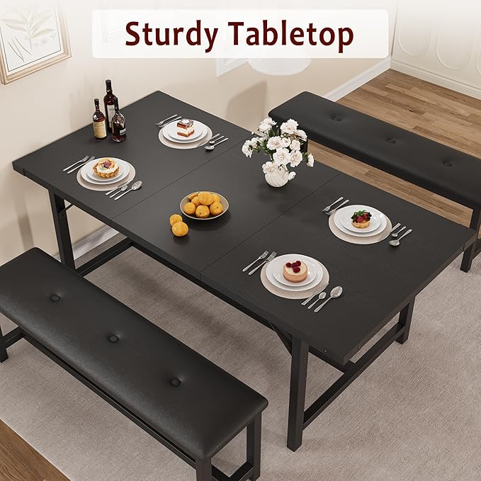 Dining Table Set for 4-6, 63“ Large Extendable Kitchen Table Set, Wood Rectangle Kitchen Table with 2 Soft Benches for Small Space, Apartment, Dinner,Black