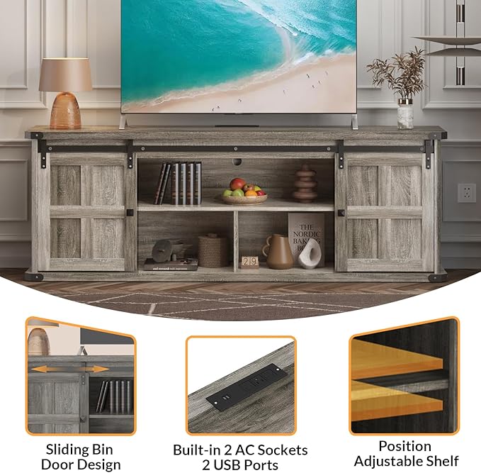 GAOMON 70" Farmhouse TV Stand for 80/75/70 Inch TVs,Entertainment Center Storage Cabinets w/Power Outlets and Sliding Barn Door,Rustic TV Stands for Living Room,Media Console Cabinet