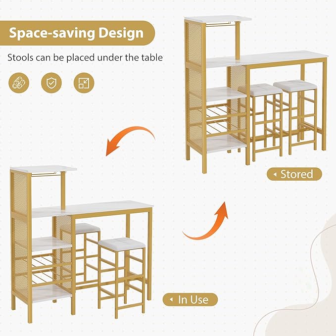 VECELO Bar Table and Chairs Set for 2, 3-Piece Dining Set with Storage Shelves, Cup Holder & Wine Rack, PU Leather Cushion Stools, for Kitchen Small Space, Gold