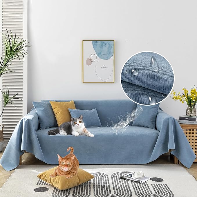 STACYPIK Blue Waterproof Sofa Cover, Anti-Slip Couch Covers for Pets, Anti-Scratch Furniture Protector for 2 Cushion Couch, Washable Leakproof Loveseat Cover for Sectional, Sofa Slipcover-71 x118IN