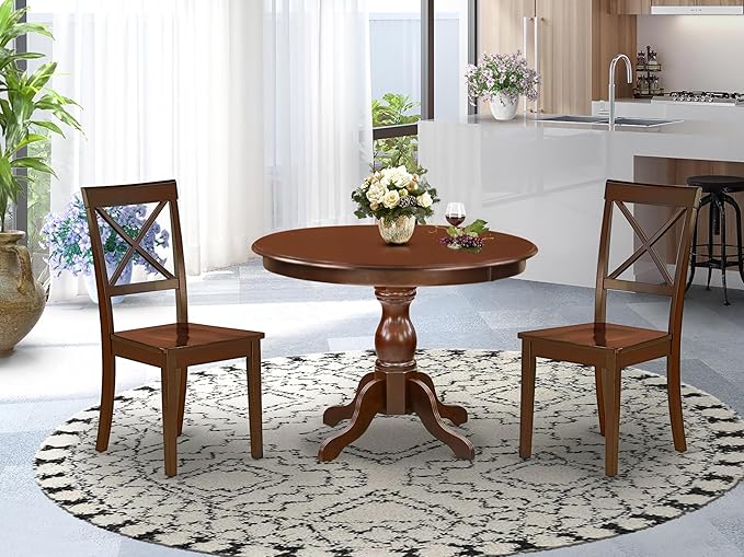East West Furniture HBBO3-MAH-W 3 Piece Dining Room Table Set Contains a Round Kitchen Table with Pedestal and 2 Dining Chairs, 42x42 Inch, Mahogany
