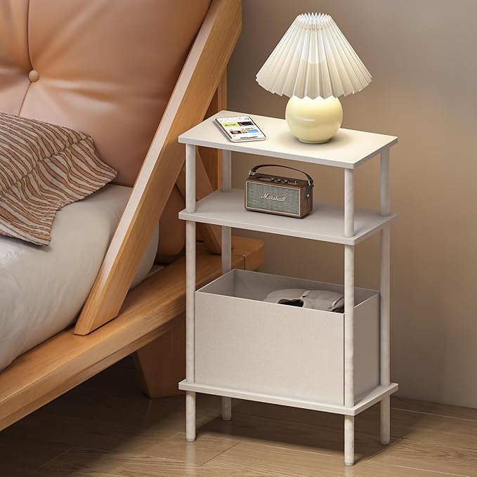 Narrow Side Table with Fabric Basket, Set of 2 End Table for Small Spaces, Slim Nightstand with 3-Tier Storage Shelf, Sofa Beside Table, for Living Room, Bed Room, Natrual White