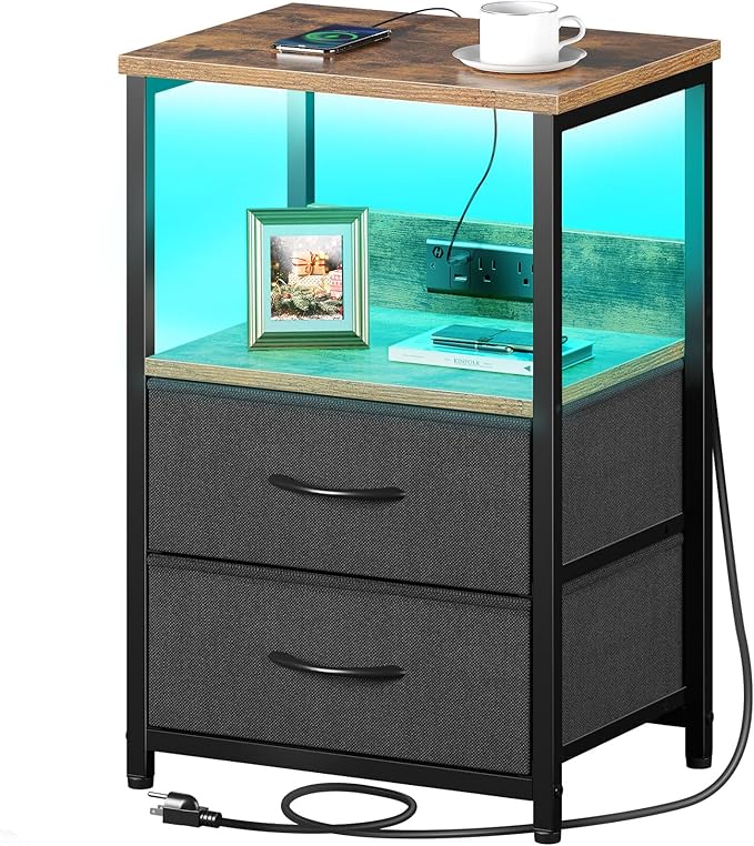 Seventable Nightstand Set of 2 with Charging Station, Bedside Table with LED Lights, Night Stand with 2 Fabric Drawers, 3-Tier Storage End Table for Bedroom, Rustic Brown