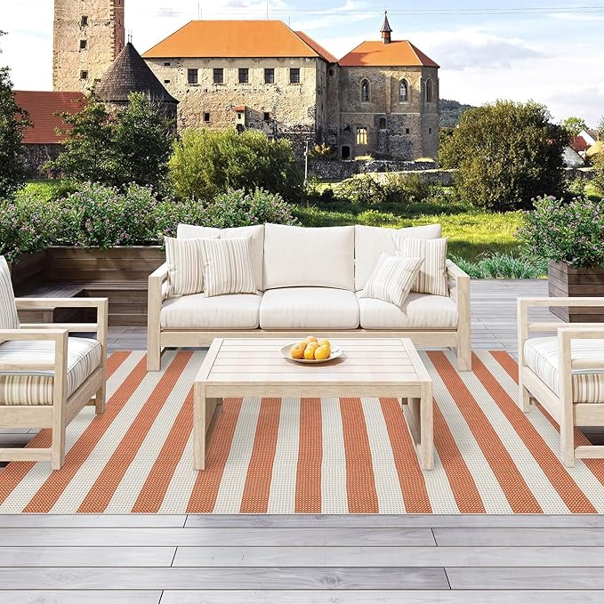 OJIA Outdoor Patio Rug 5'x7', Striped Outdoor Rugs Washable Checkered Area Rugs Cotton Woven Indoor Accent Rugs for Bedroom/Living Room/Front Porch/Deck/Backyard/Camping (Orange/White/Tan)