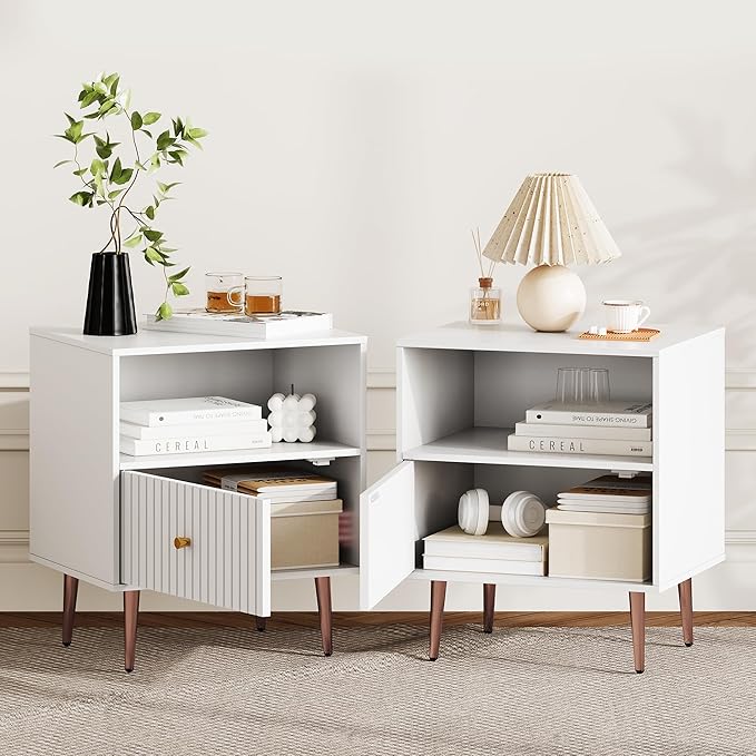 White Night Stand Set 2,Modern Bedside Table with Door and Open Storage,Fluted Nightstand and Wood End Side Table with Rose Gold Metal Legs and Handles for Bedroom,Living Room,White