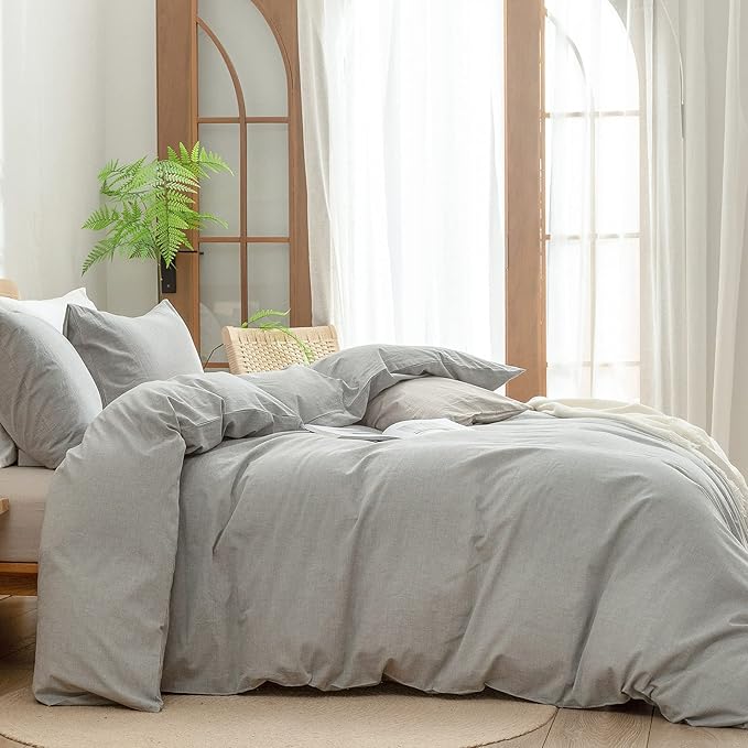 BESTOUCH Duvet Cover Set 100% Washed Cotton Linen Feel Super Soft Comfortable Chic Lightweight 3 PCs Home Bedding Set Solid Light Grey Queen