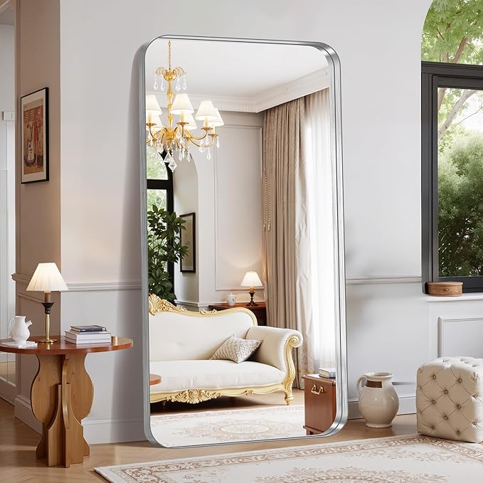 FORBATH 72x36 Inch Oversized Bathroom Mirror for Double Sinks, Brushed Silver Deep Frame Full Length Wall Mirror with Rounded Corners, Anti-Rust Tempered Glass (Horizontal/Vertical)