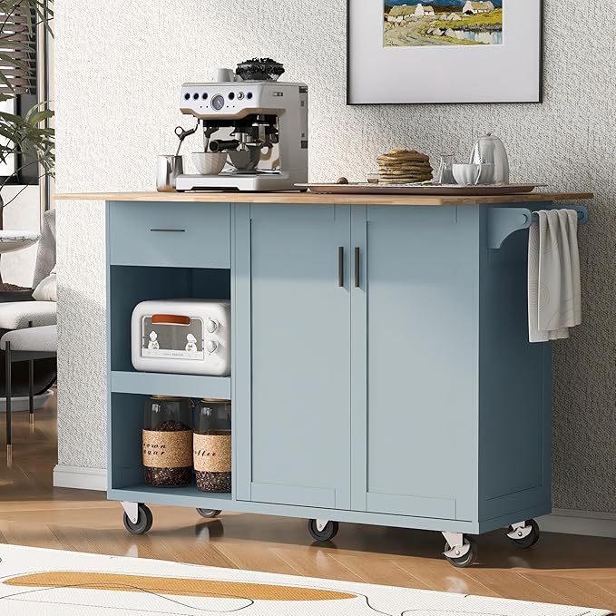 49" Kitchen Island with Foldable Counter Top,Kitchen Storage Cart W/Slide-Out Shelf,Towel Rack and Drawer,Rolling Kitchen Cart on Wheels,for Kitchen,Living Room,Dining Room,Grey Blue