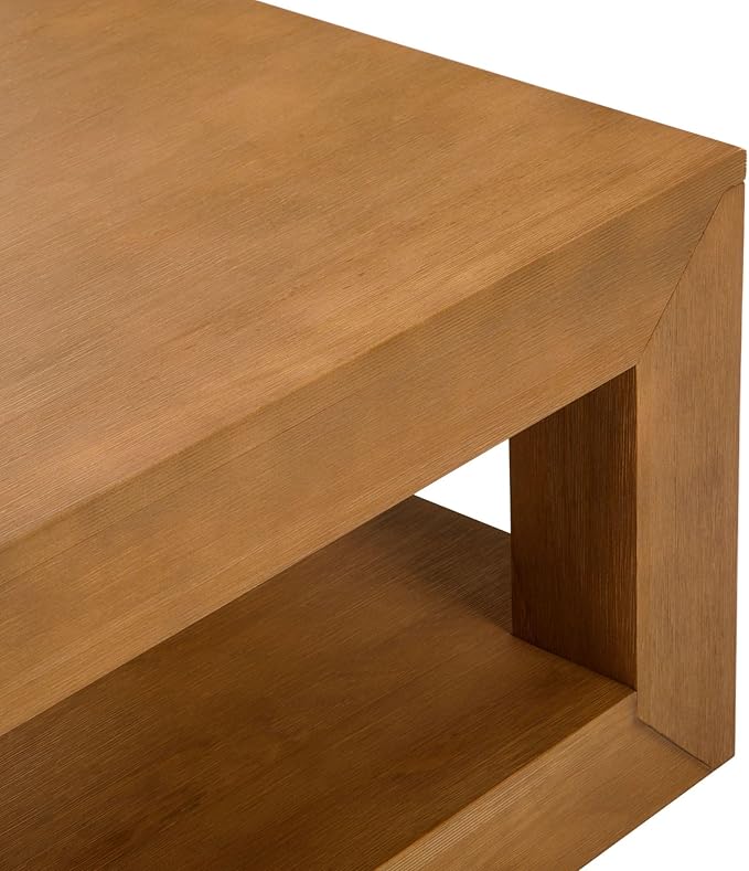 Plank+Beam Modern Rectangular Coffee Table with Shelf, 48", Solid Wood Center Table with Storage, 2 Tier Tea Table for Living Room, Pecan Wirebrush