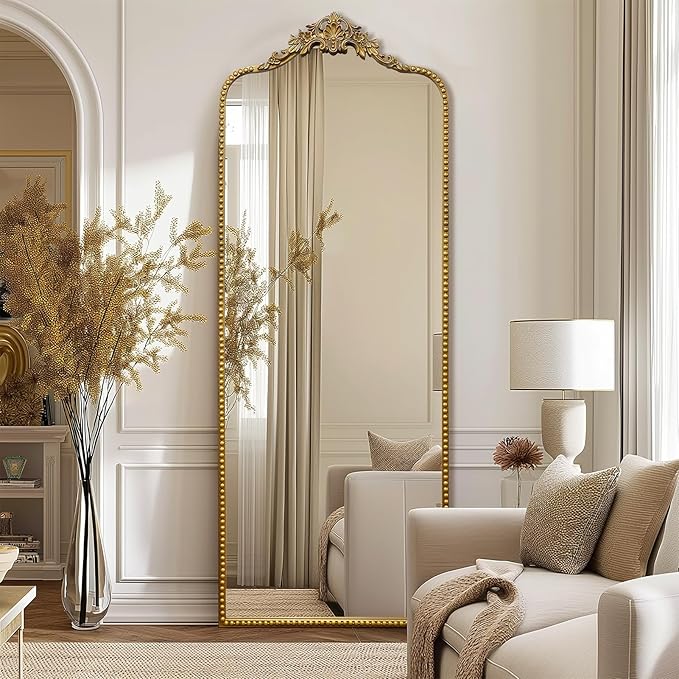 G-LEAF Vintage Baroque Full Length Floor Mirror 75"X30", Victorian Antique Mirror with Brush Gold Ornate Metal Frame for Fireplace Entryway Living Room Hallway Bathroom