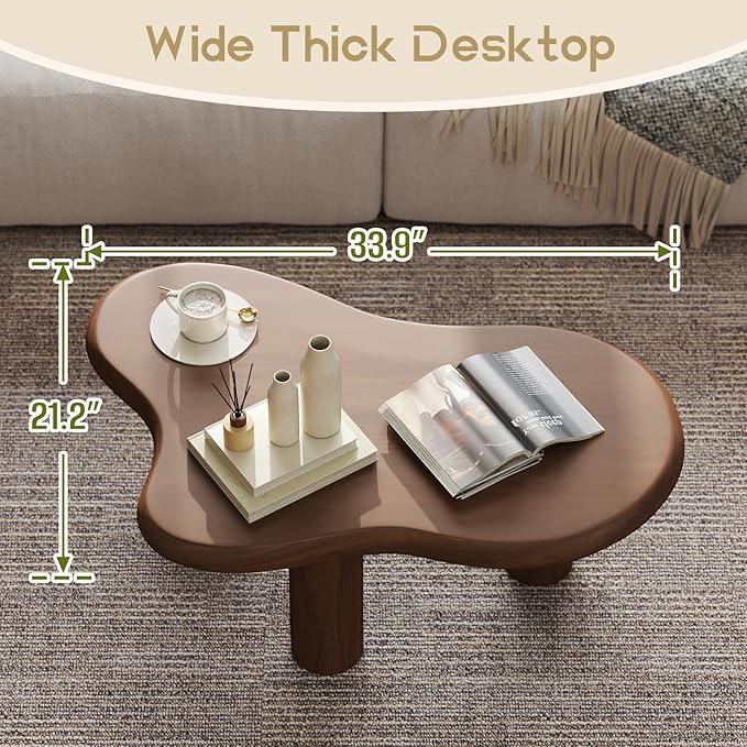 HollyHOME Cloud Coffee Table, Unique Design Accent Table for Living Room and Bedroom, Stylish and Functional Furniture Piece-Durable and Easy to Clean, Free Shape with 3 Legs, 33.9in, Dark Walnut