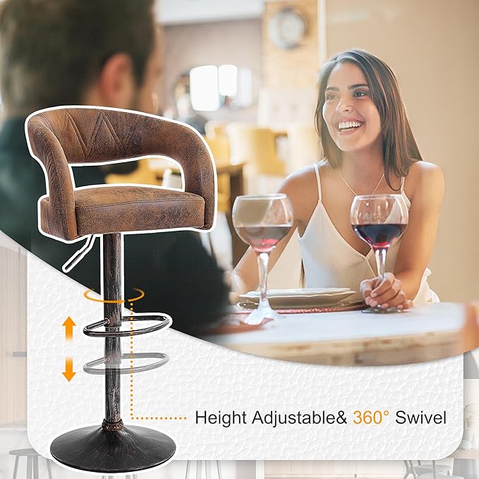 VECELO Bar Stools Set of 4 Adjustable Swivel Modern Pu Leather Barstools, Counter Bar Stools with Back and Arms, for Kitchen, Bar (Dark Brown)