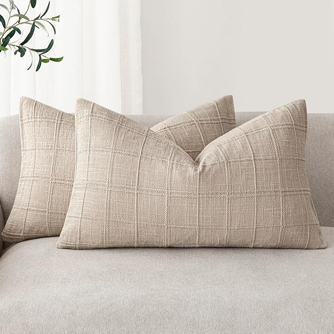 Foindtower Set of 2 Decorative Linen Check Throw Pillow Covers Neutral Farmhouse Lumbar Cushion Covers Modern Boho Home Decor for Sofa Chair Couch Bedroom Living Room Outdoor,12×20 Inch,Natural Linen